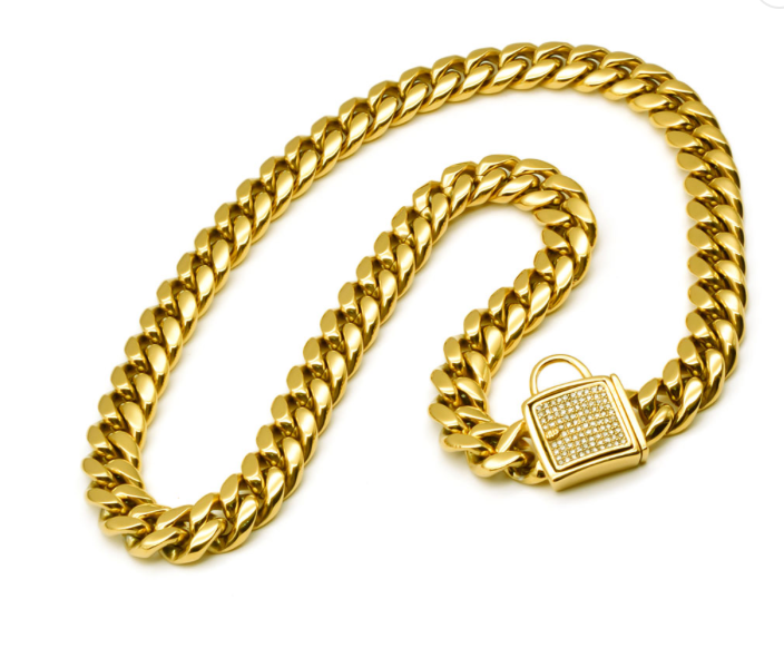 DIAMOND COVERED CLASP LOCK GOLD CUBAN LINK